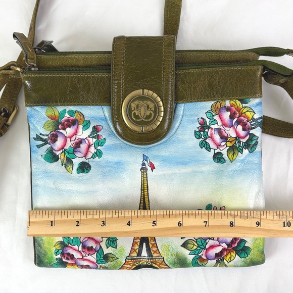 Sharif New York Leather Hand Painted Eiffel Tower Floral Crossbody Bag Art VTG - Picture 9 of 14